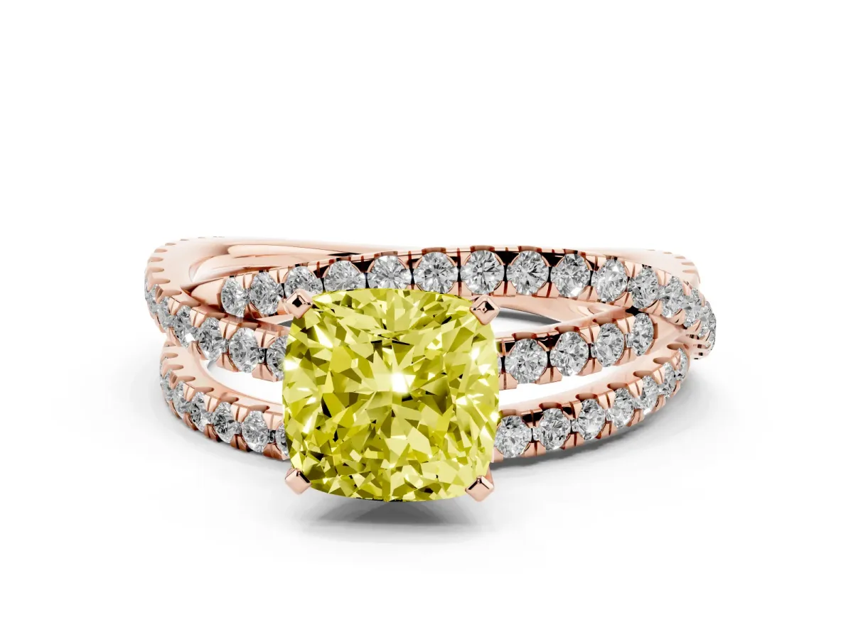 Fancy Yellow Cushion Cut Solitaire Twist Band with Pavé Setting and Four-Prong Setting Rose gold