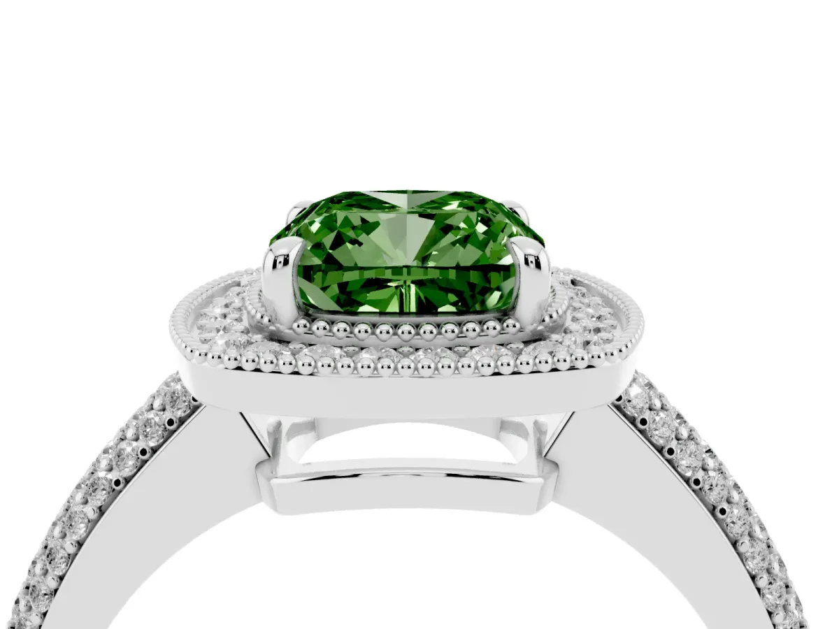 Fancy Green Cushion Cut Cut Halo Diamond Pave Band with Four-Prong Setting Silver