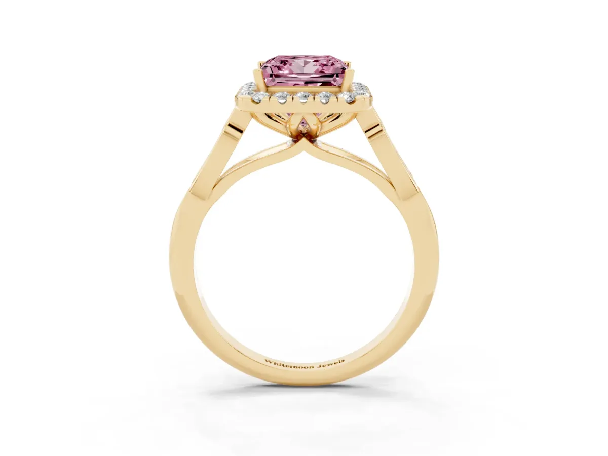 Fancy Pink Princess Cut Halo Diamond Engagement Ring with Filigree Band and Four-Prong Setting Yellow gold