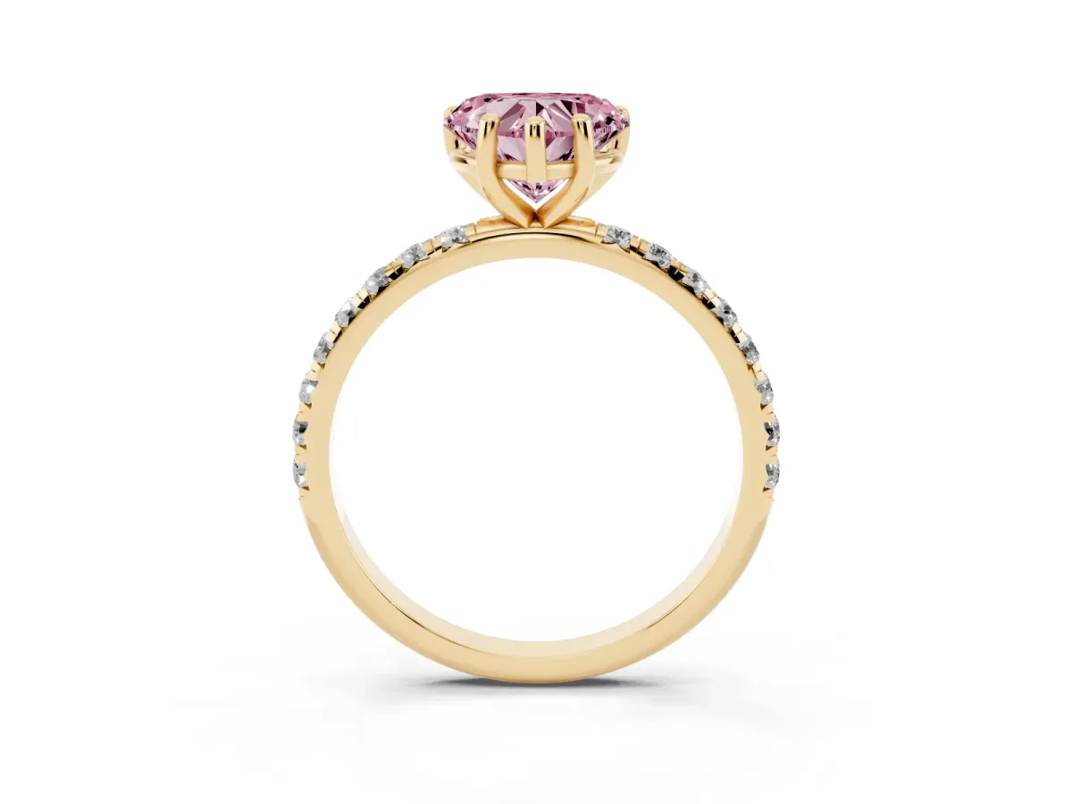 Fancy Pink Heart Cut Cut Diamond Solitaire Ring with Micro Pave Band and Four Prong Setting Yellow gold