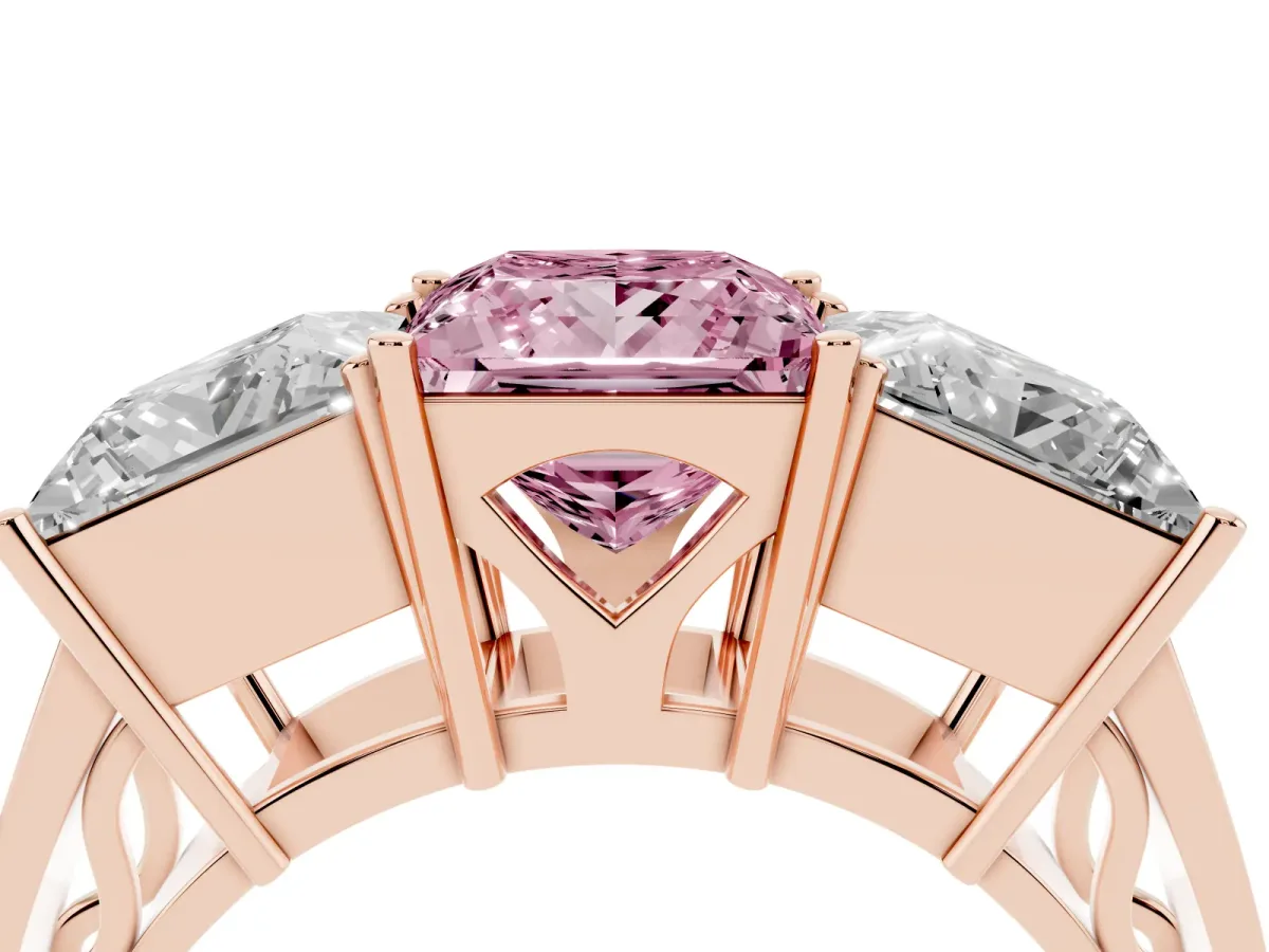 Fancy Pink Princess Cut Diamond Three-Stone Ring with Prong Setting and Textured Band Rose gold