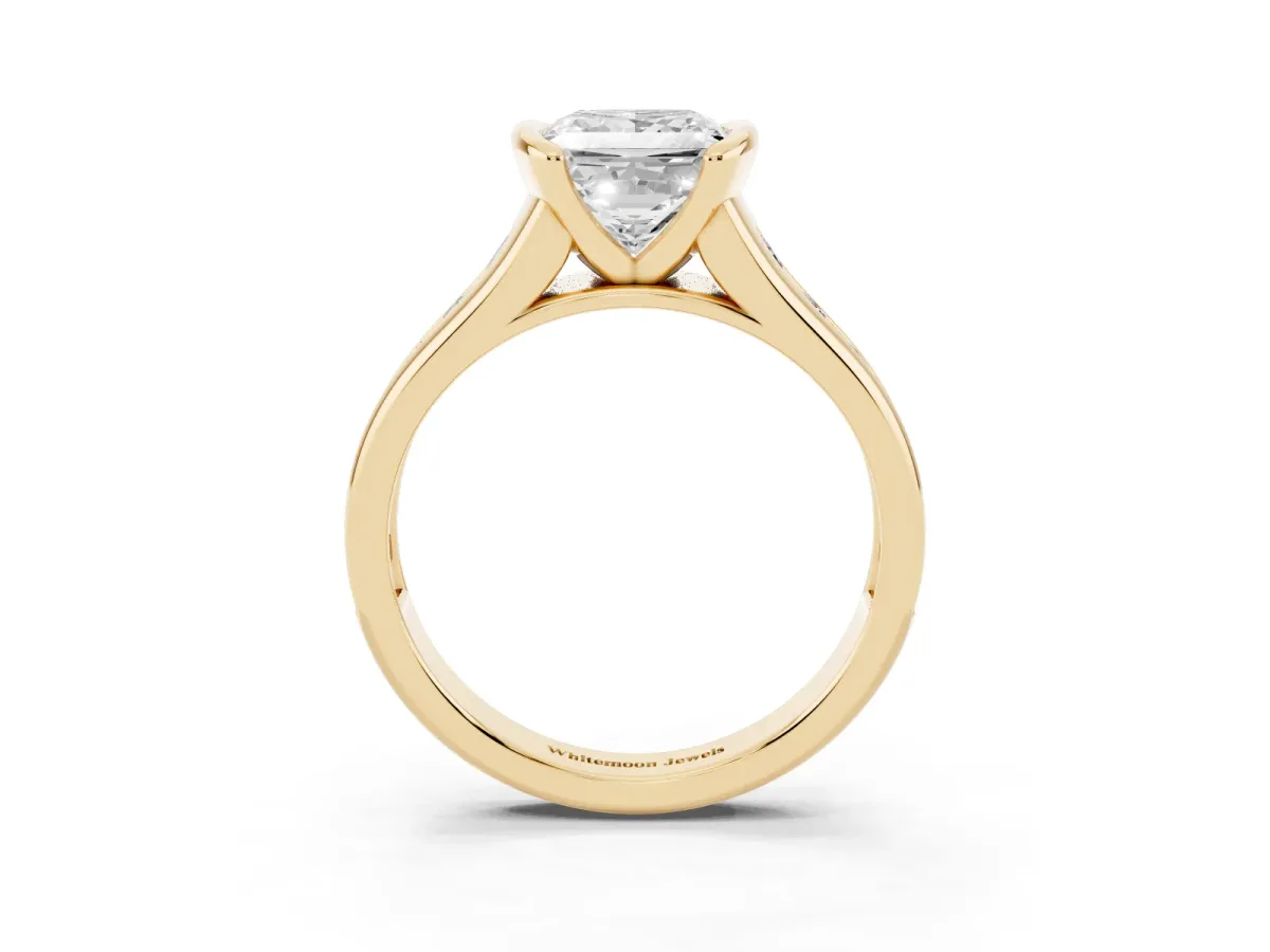 Princess Cut Solitaire Bezel-Set Diamond Ring with Channel-Set Band Yellow gold