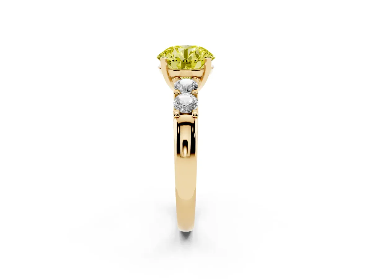Fancy Yellow Round Cut Brilliant Cut Diamond Five-Stone Prong Set Engagement Ring with Channel Band Yellow gold