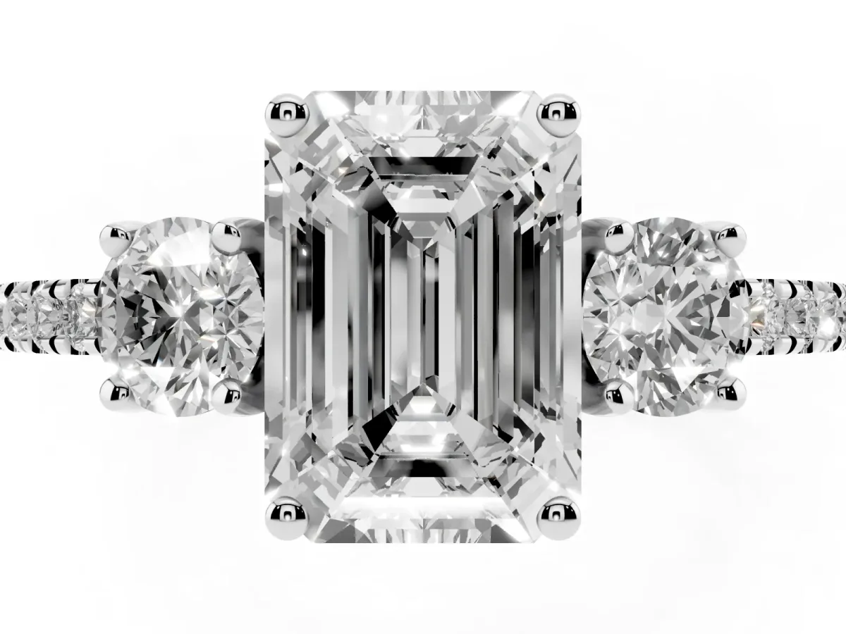 Three-Stone Emerald Cut Cut Diamond Pavé Band with Prong Setting Silver