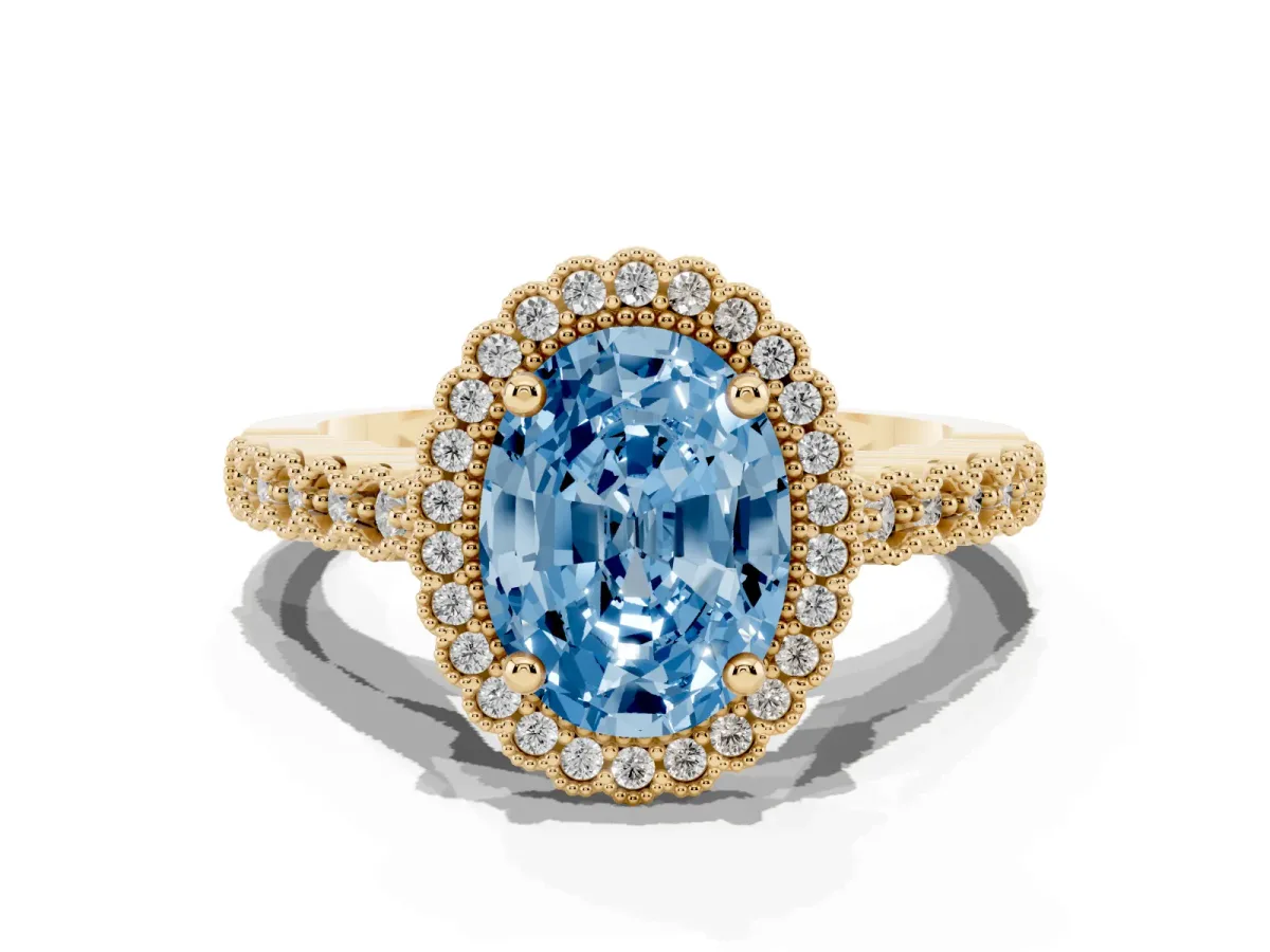 Fancy Blue Oval Cut Cut Halo Pavé Solitaire Ring with Milgrain Band Yellow gold