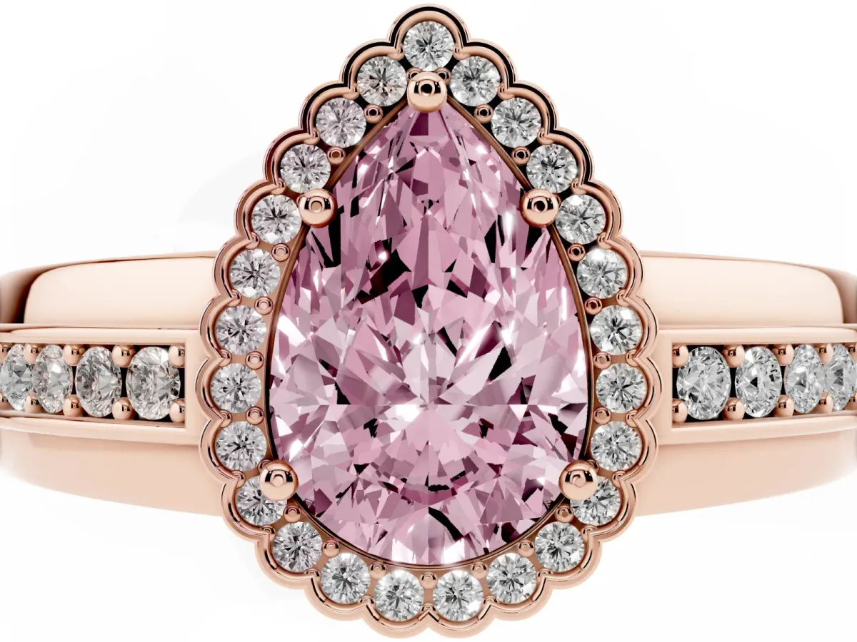 Fancy Pink Pear Cut Cut Halo Pave Band Four-Prong Ring Rose gold