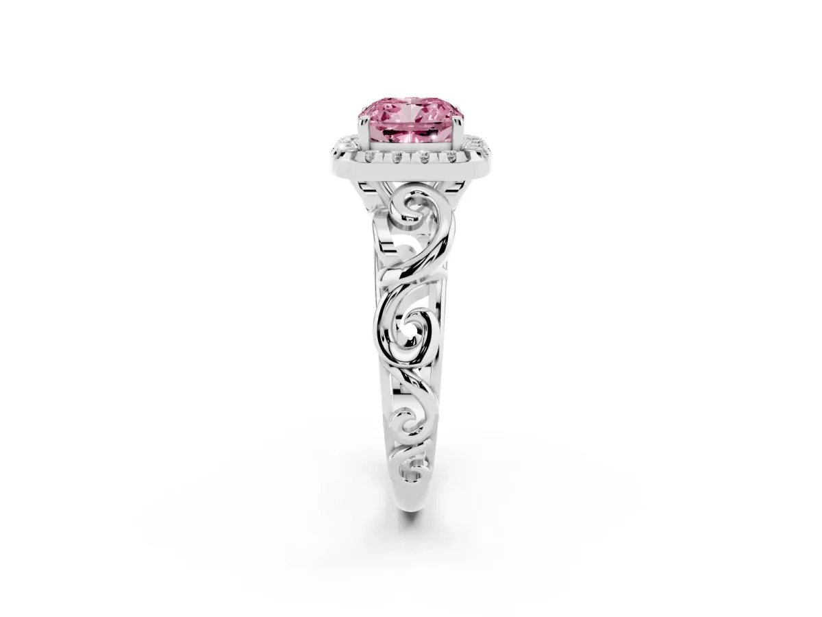 Fancy Pink Cushion Cut Cut Halo Diamond Ring with Scrollwork Band and Four-Prong Setting Silver