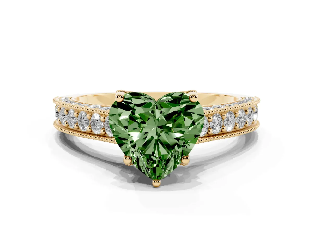 Fancy Green Heart Cut Cut Diamond Solitaire Ring with Milgrain Pave Band and Four Prong Setting Yellow gold