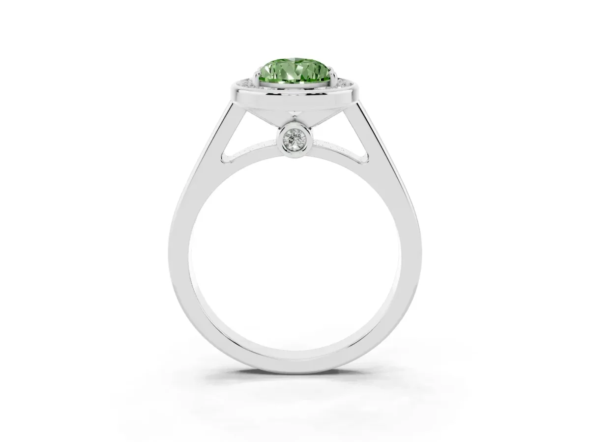 Fancy Green Pear Cut Halo Solitaire Diamond Ring with Pave Band and Bezel Setting Silver