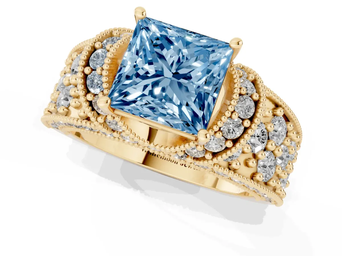 Fancy Blue Princess Cut Halo Pave Diamond Engagement Ring with Milgrain Detailing Yellow gold