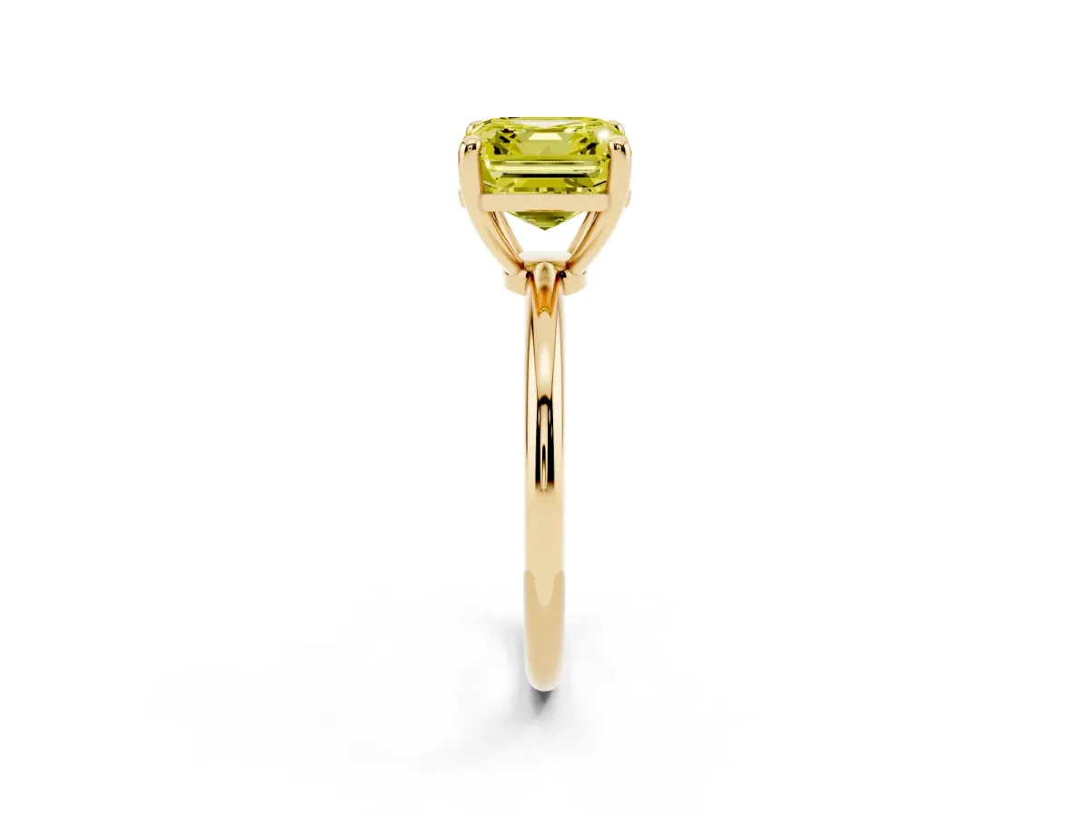 Fancy Yellow Asscher Cut Solitaire Diamond Ring with 4-Prong Setting on a Classic Band Yellow gold