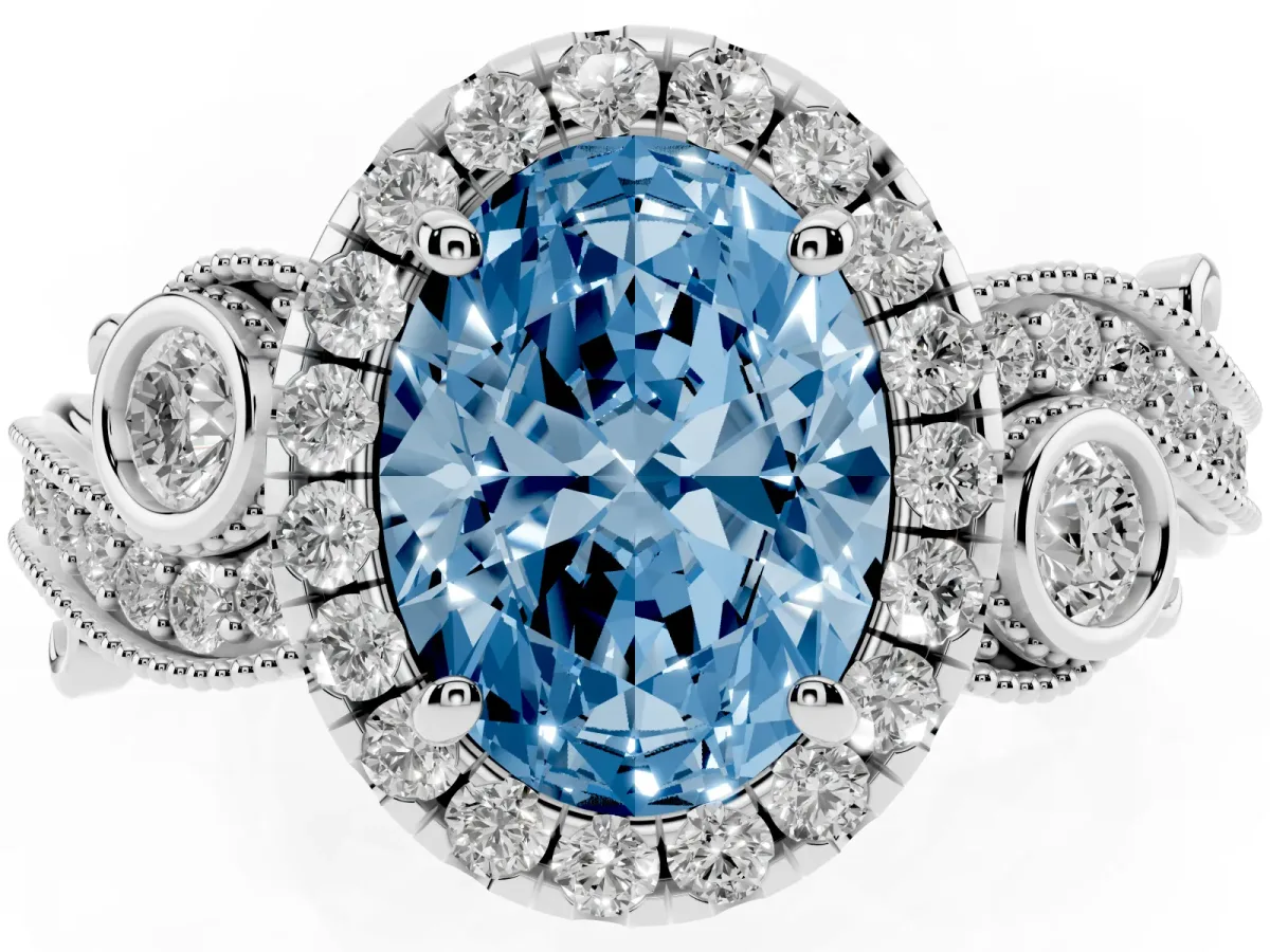 Fancy Blue Oval Cut Halo Diamond Ring with Milgrain and Bezel Accents on a Split Shank Band White gold
