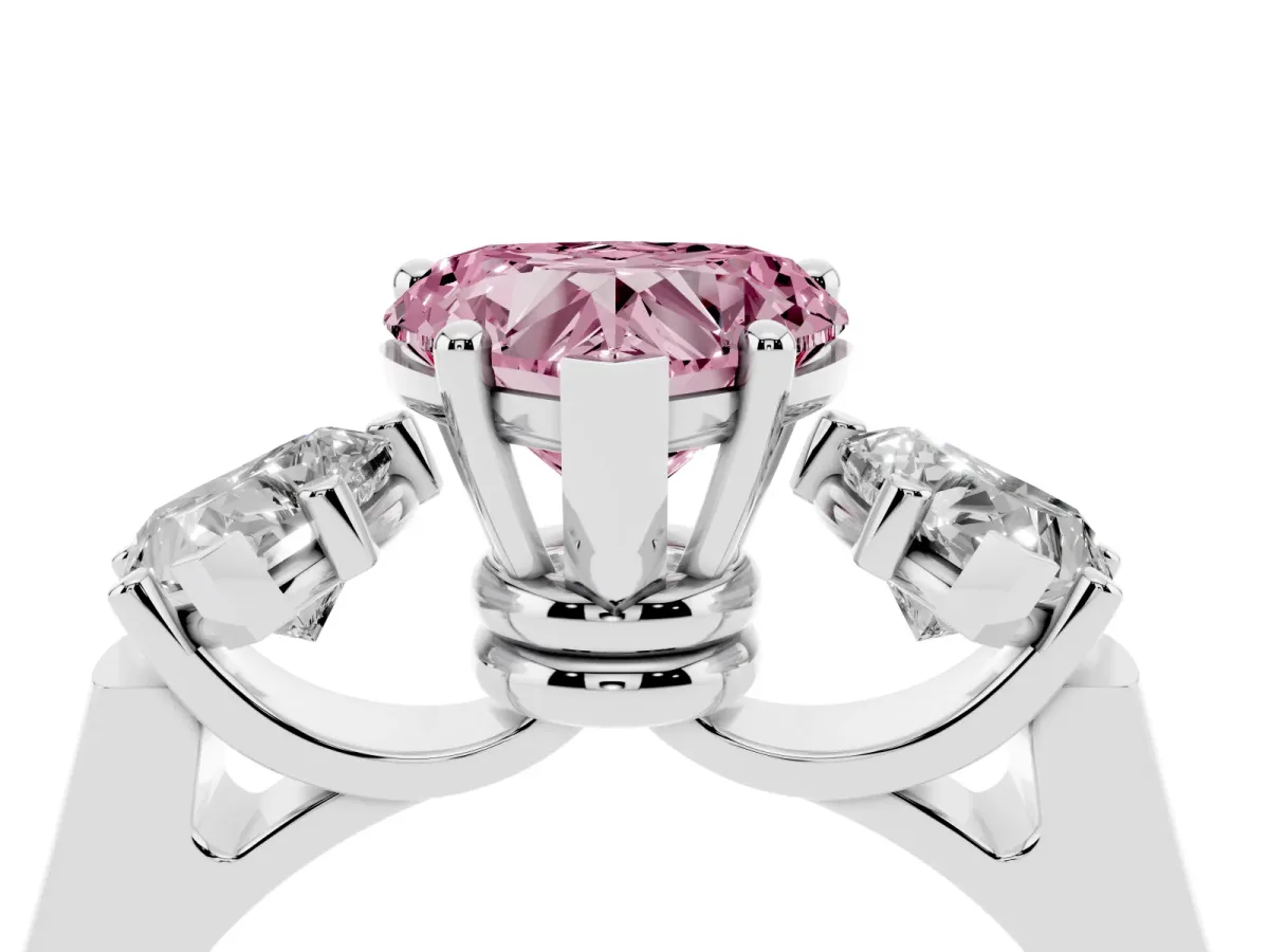 Fancy Pink Three-Stone Heart Cut Brilliant Diamond Trellis Ring with Comfort Fit Band Silver