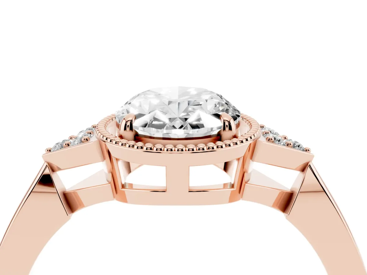 Oval Cut Diamond Halo Ring with Tapered Band and Four-Prong Setting Rose gold