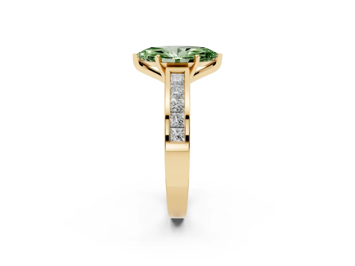 Fancy Green Marquise Cut Solitaire Diamond Ring with Channel-Set Band and Four-Prong Setting Yellow gold
