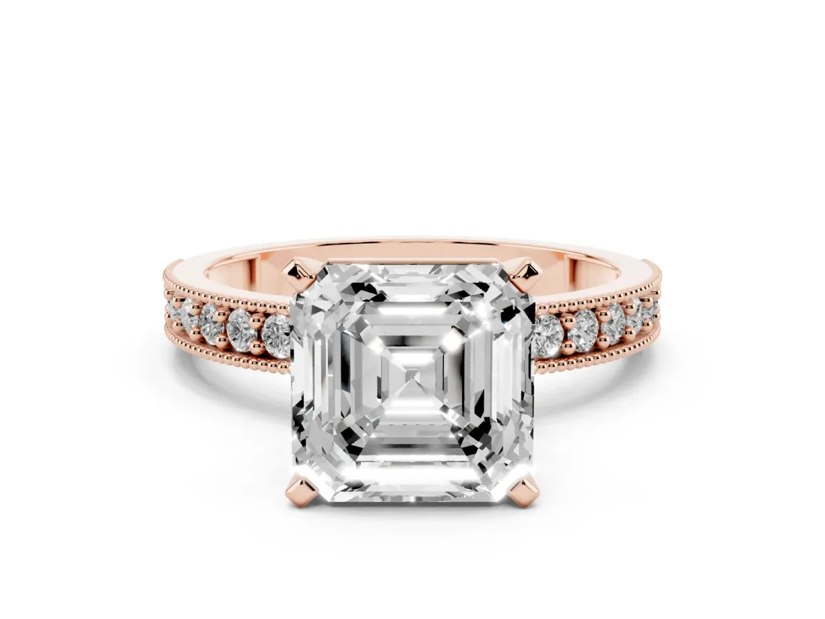 Asscher Cut Diamond Milgrain Pavé Engagement Ring with Four-Prong Setting Rose gold