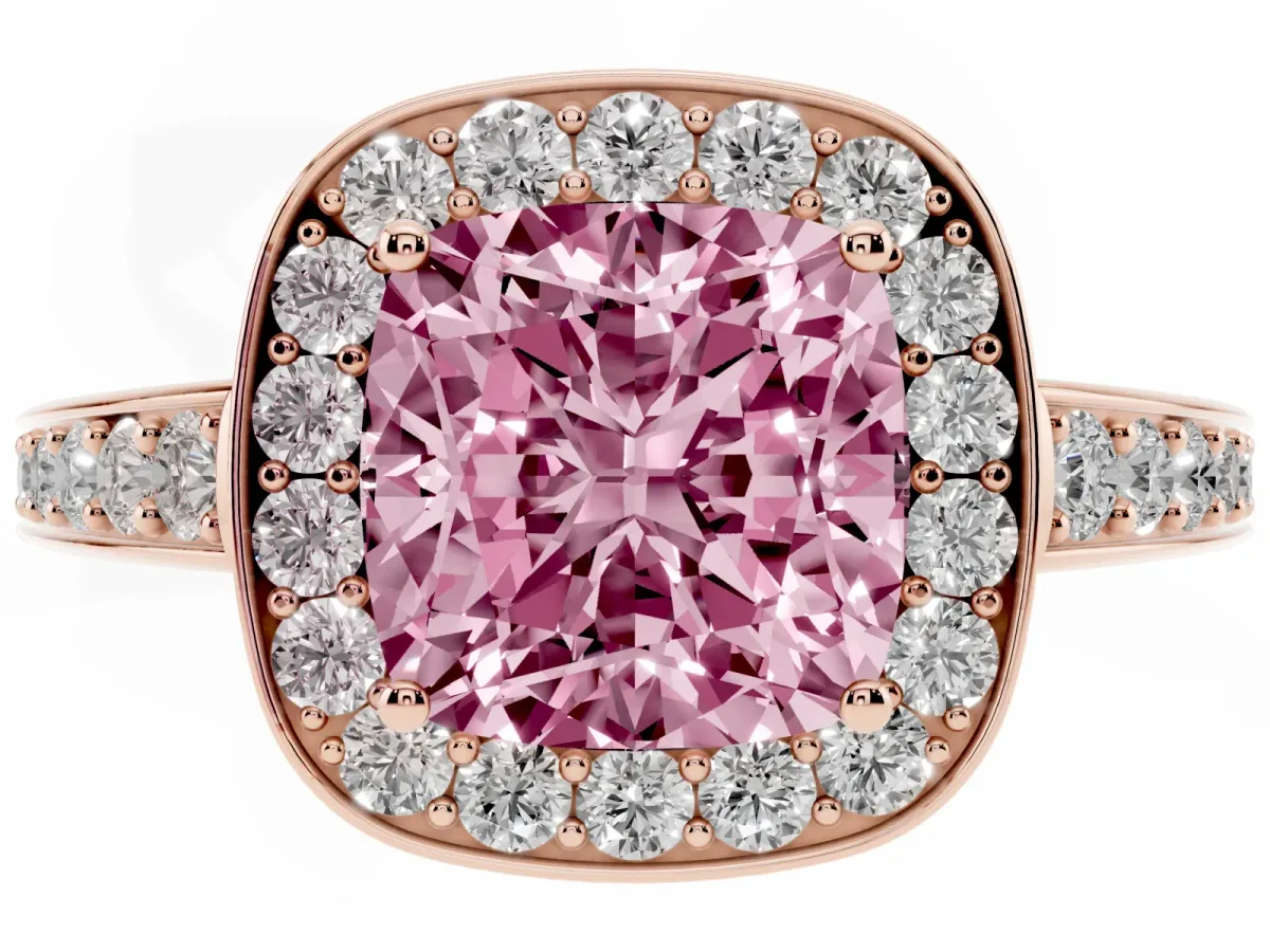 Fancy Pink Cushion Cut Halo Pavé Diamond Engagement Ring with Bezel Setting Rose gold
