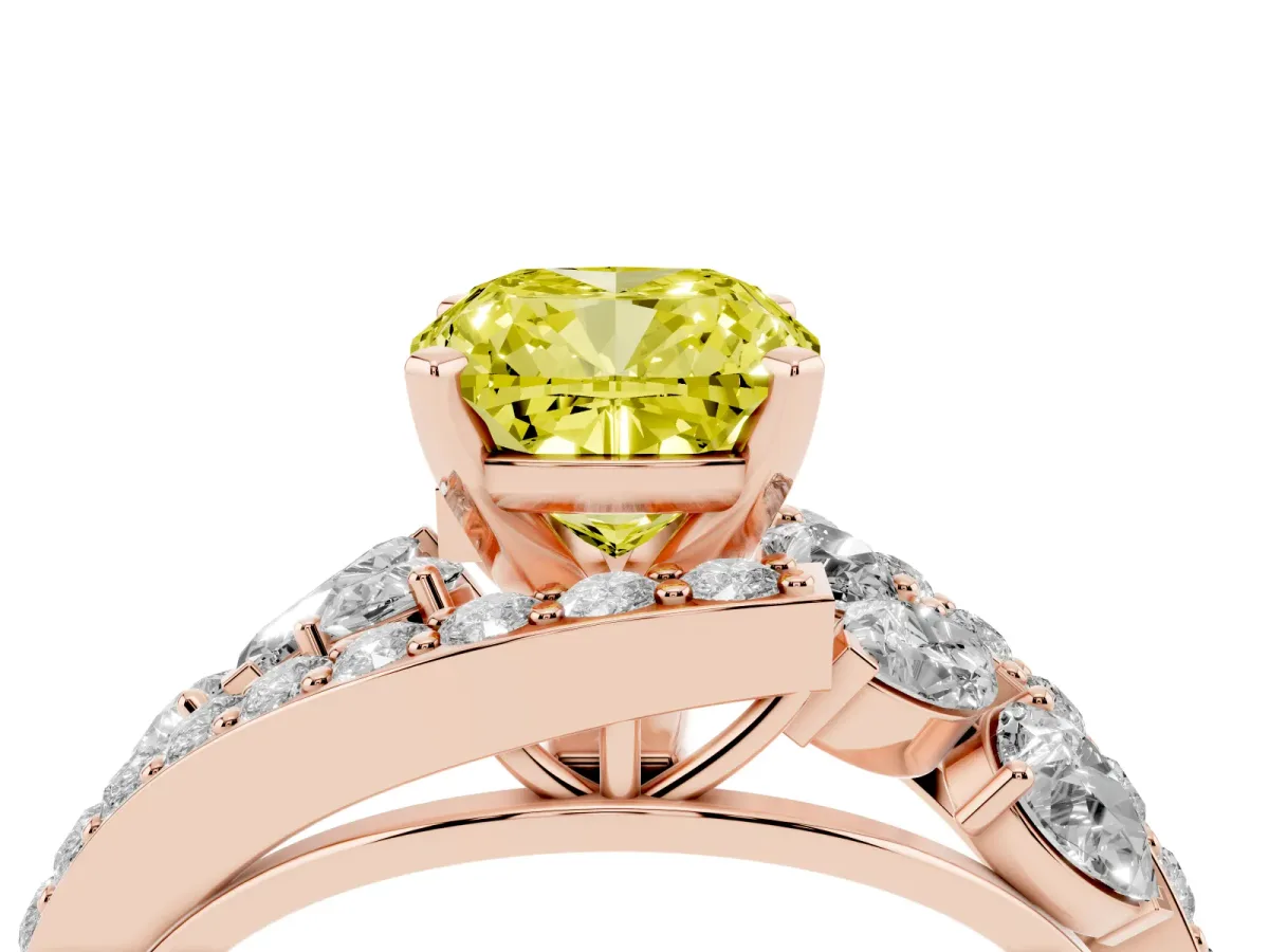 Fancy Yellow Cushion Cut Diamond Halo Ring with Marquise and Pavé Band in Prong Setting Rose gold