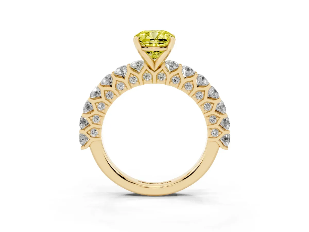 Fancy Yellow Cushion Cut Diamond Solitaire Ring with Shared Prong Pavé Band and Four-Prong Setting Yellow gold