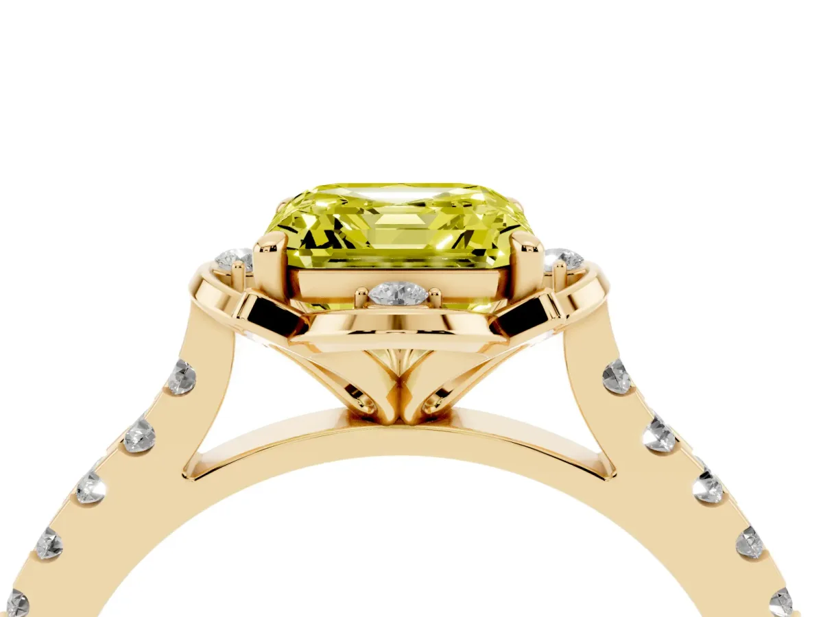 Fancy Yellow Asscher Cut Diamond Ring with Pavé Band and Floral Prong Setting Yellow gold