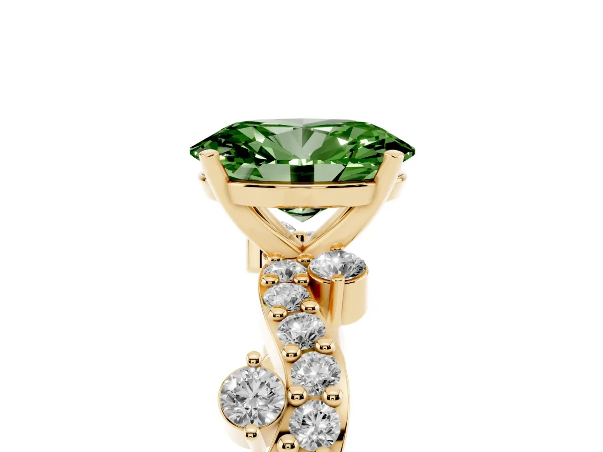 Fancy Green Oval Cut Cut Solitaire Diamond Twisted Band with Pave Setting Yellow gold