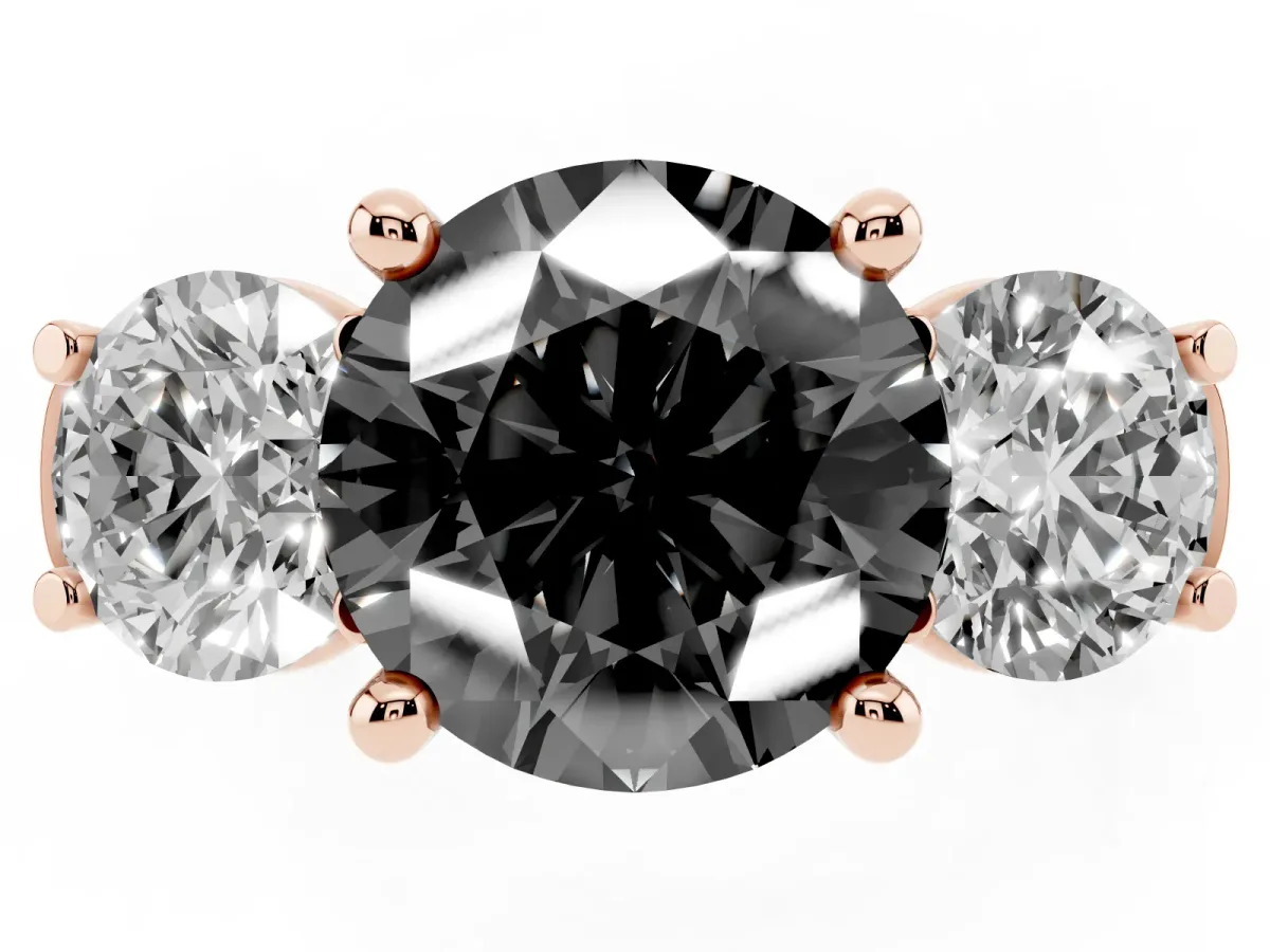 Fancy Black Three-Stone Round Cut Brilliant Diamond Trellis Ring with Comfort Fit Band Rose gold