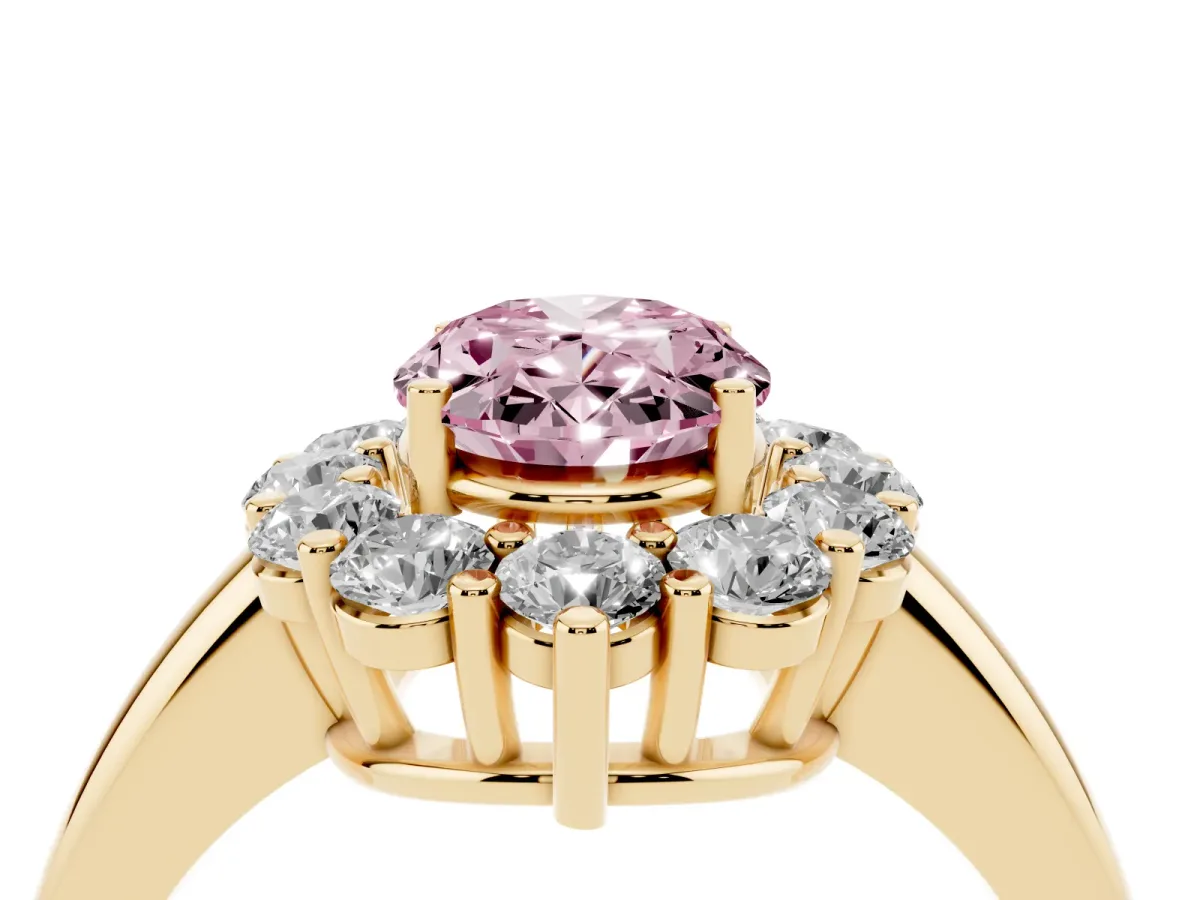 Fancy Pink Oval Cut Halo Cluster Diamond Engagement Ring with Prong Setting and Polished Band Yellow gold