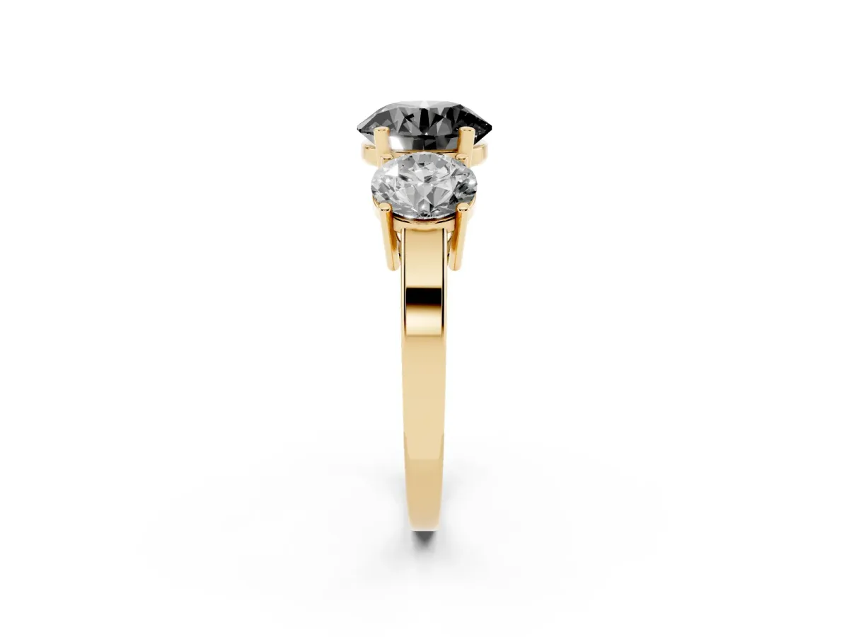 Fancy Black Three-Stone Round Cut Cut Diamond Engagement Ring with Flat Band and Four-Prong Setting Yellow gold