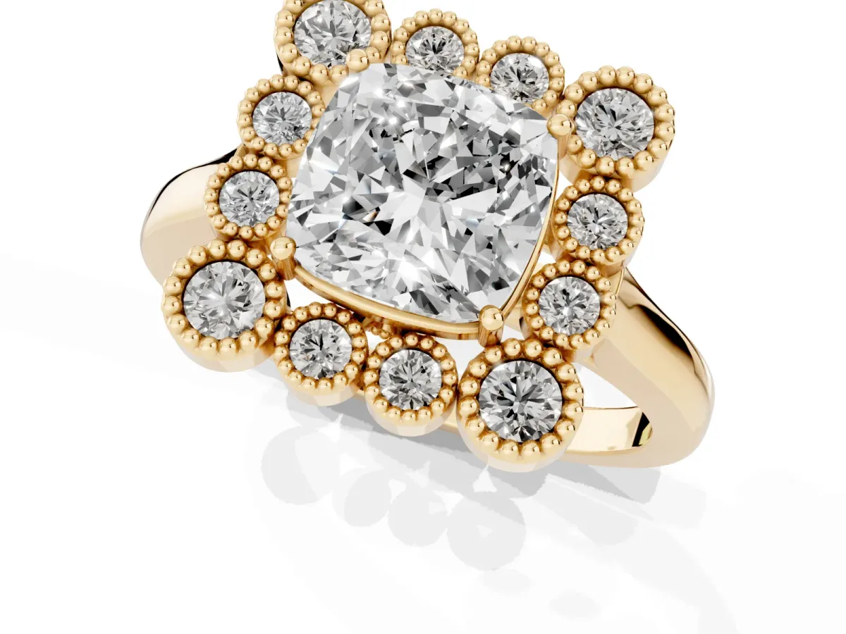 Cushion Cut Halo Diamond Cluster Engagement Ring with Milgrain Bezel Setting and Solitaire Band Yellow gold