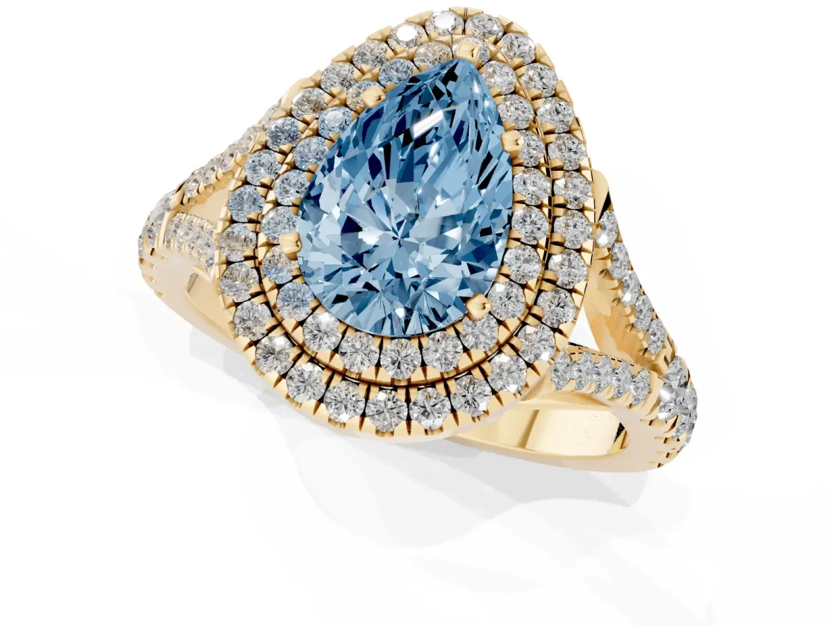 Fancy Blue Pear Cut Cut Double Halo Split Shank Diamond Ring with Prong Setting Yellow gold