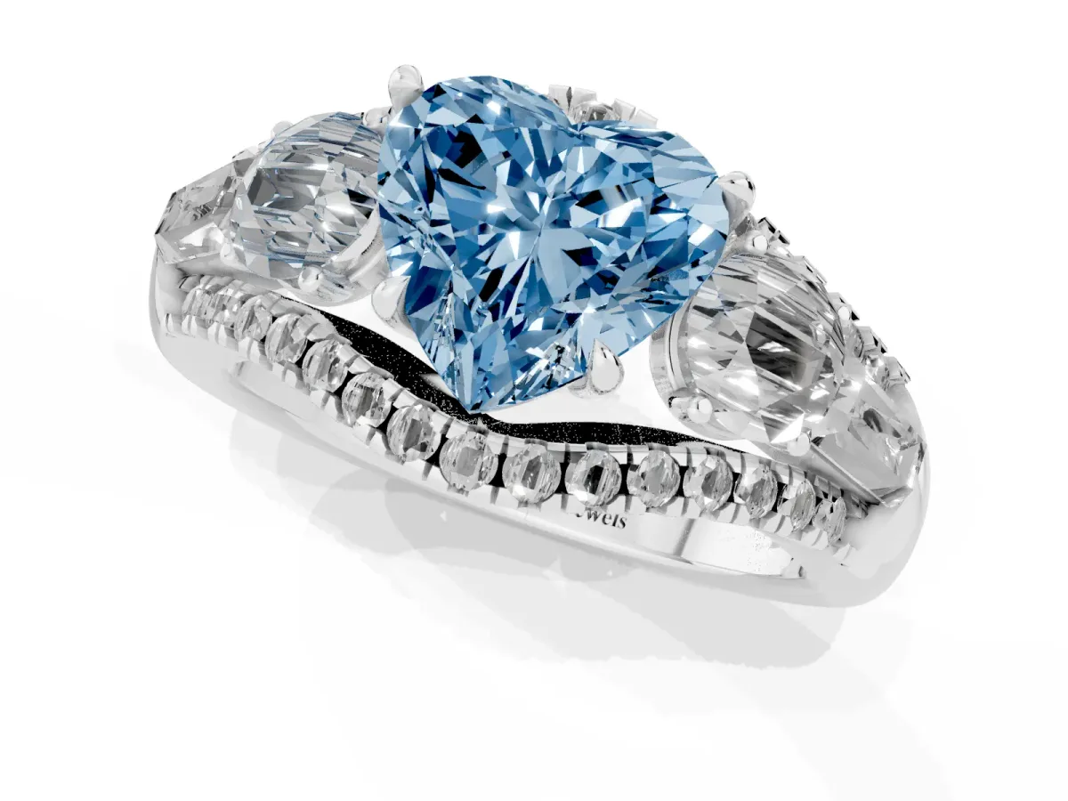 Fancy Blue Three-Stone Heart Cut Diamond Engagement Ring with Pave Band and Prong Setting Silver