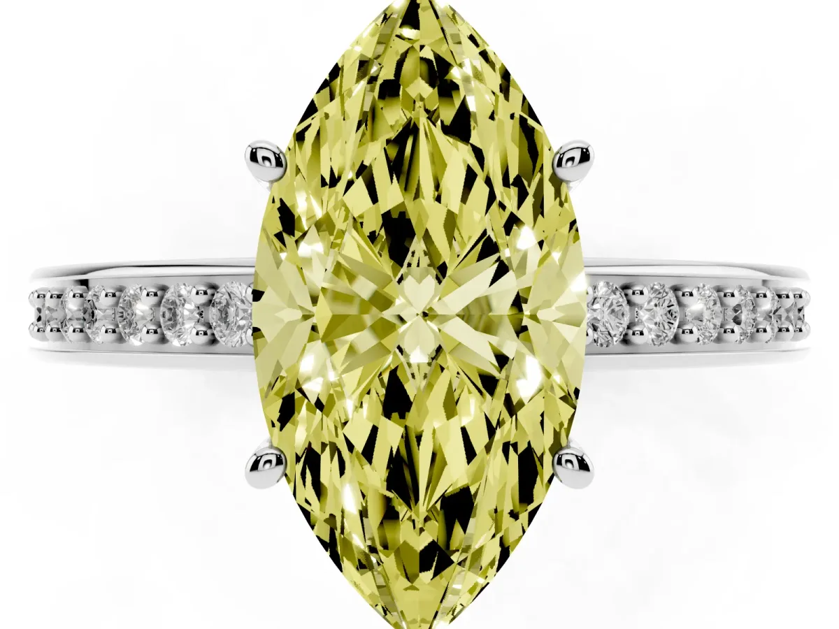 Fancy Yellow Marquise Cut Solitaire Pavé Band Prong Setting Ring Silver