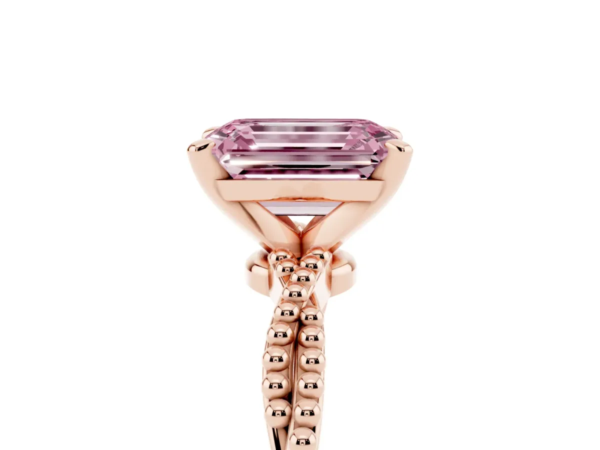 Fancy Pink Emerald Cut Solitaire Twisted Band with Bead Prong Setting Rose gold