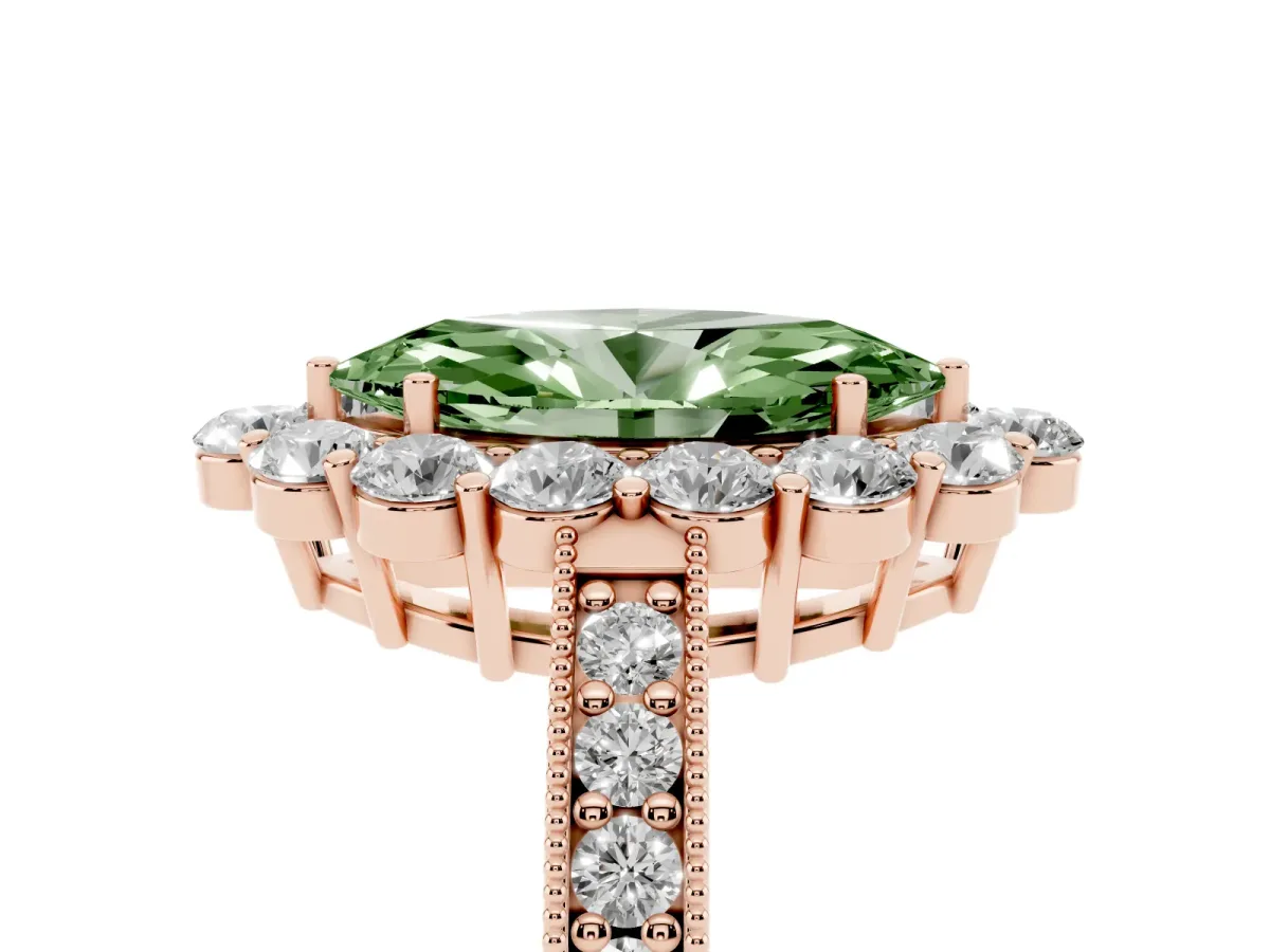 Fancy Green Marquise Cut Cut Halo Diamond Pavé Engagement Ring with Milgrain Detailing Rose gold
