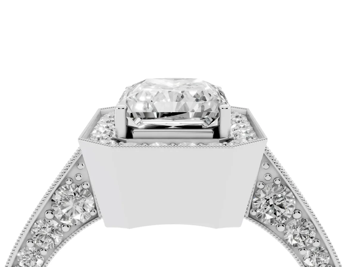 Radiant Cut Halo Diamond Engagement Ring with Split Shank Band and Four-Prong Setting Silver