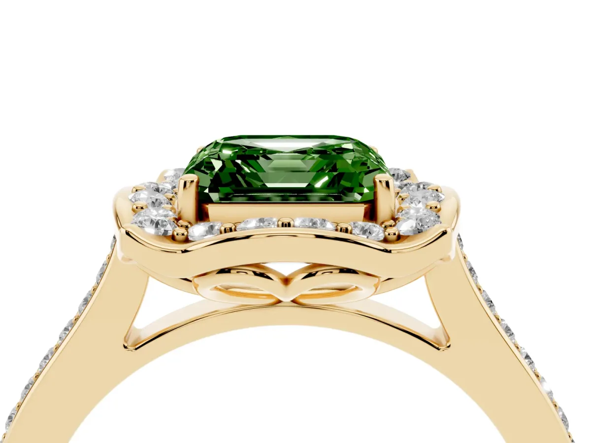 Fancy Green Asscher Cut Halo Round Diamond Pave Band with Four-Prong Setting Yellow gold