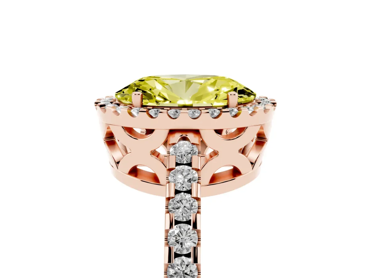 Fancy Yellow Oval Cut Diamond Halo Engagement Ring with Pavé Band and Prong Setting Rose gold
