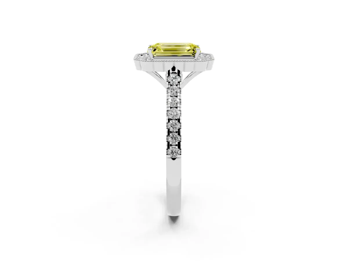 Fancy Yellow Emerald Cut Cut Diamond Milgrain Floral Halo Engagement Ring with Pavé Band Silver