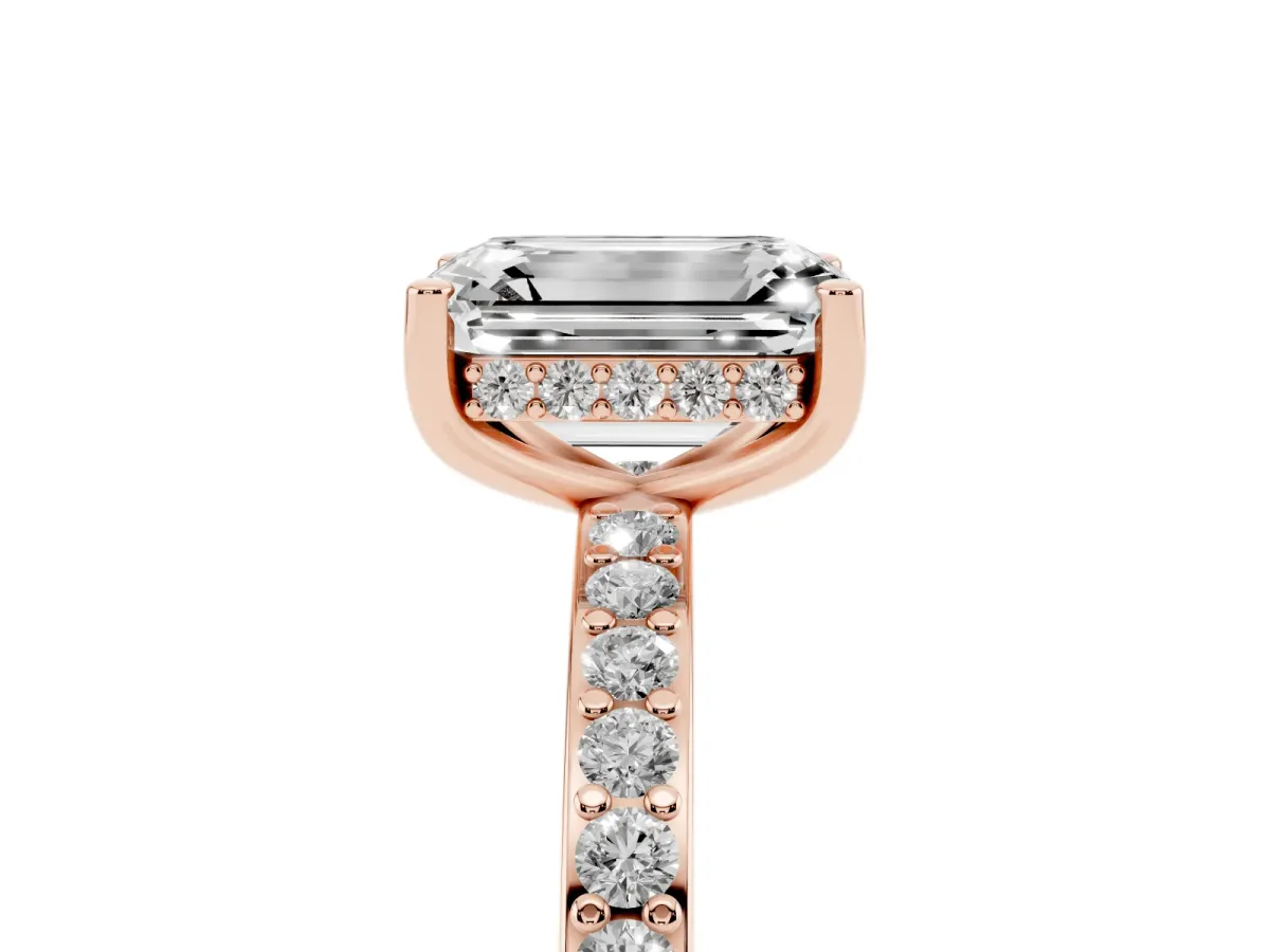 Emerald Cut Cut Diamond Pavé Band Ring with Four-Prong Setting Rose gold