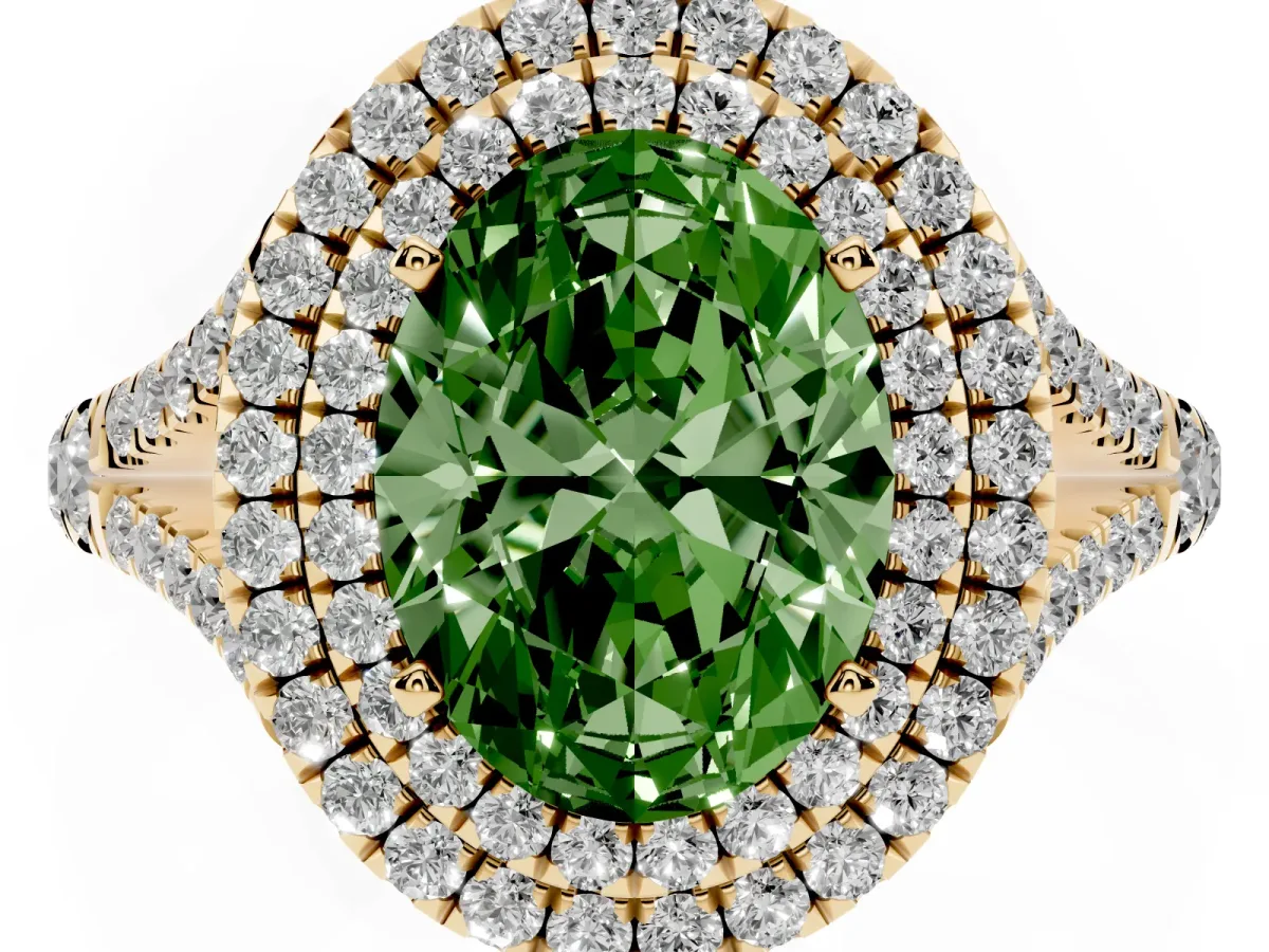 Fancy Green Oval Cut Cut Double Halo Split Shank Diamond Ring with Prong Setting Yellow gold
