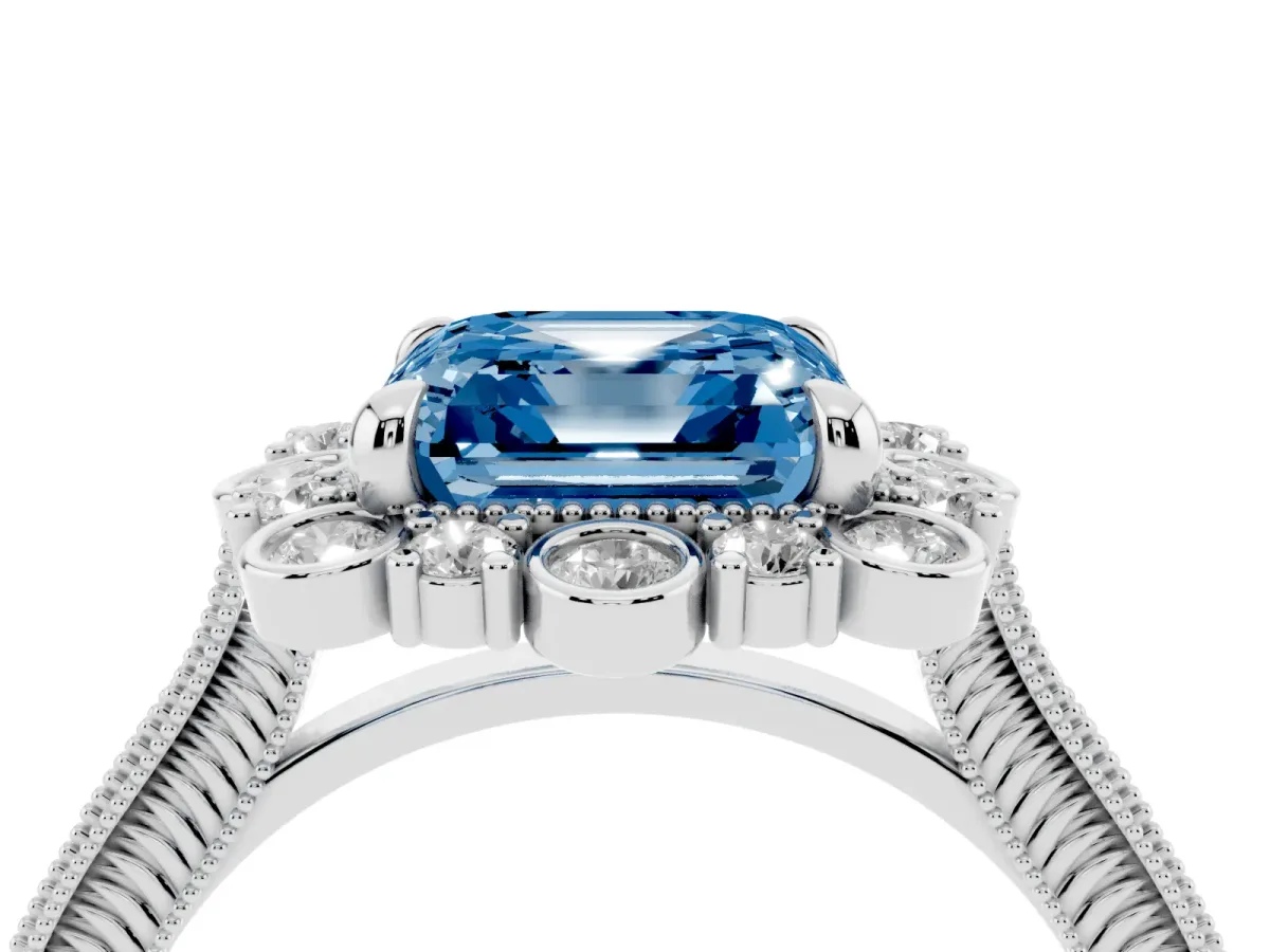 Fancy Blue Asscher Cut Halo Milgrain Pave Diamond Ring with Four-Prong Setting Silver