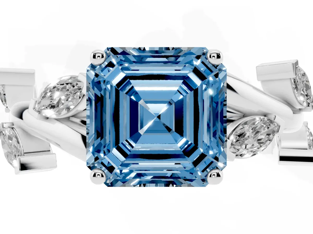 Fancy Blue Asscher Cut Solitaire Twisted Band Marquise Accent Prong Setting Ring Silver