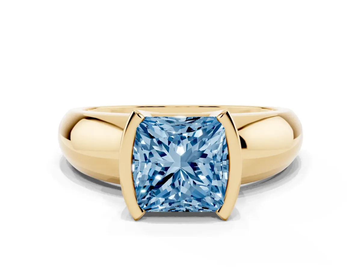 Fancy Blue Princess Cut Solitaire Tension Set Diamond Ring with Wide Band Yellow gold