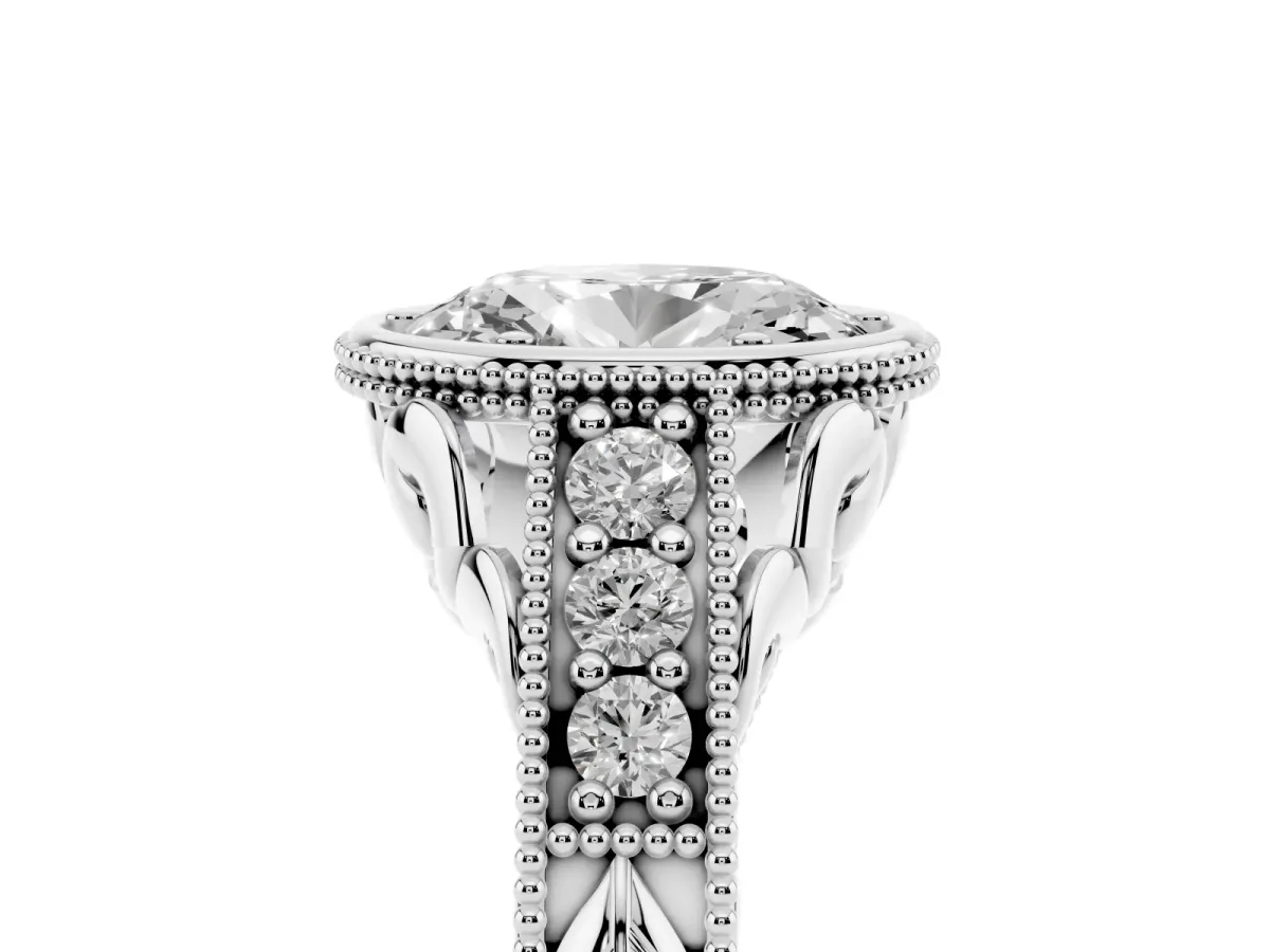 Bezel Set Oval Cut Diamond Milgrain Pave Engagement Ring Silver
