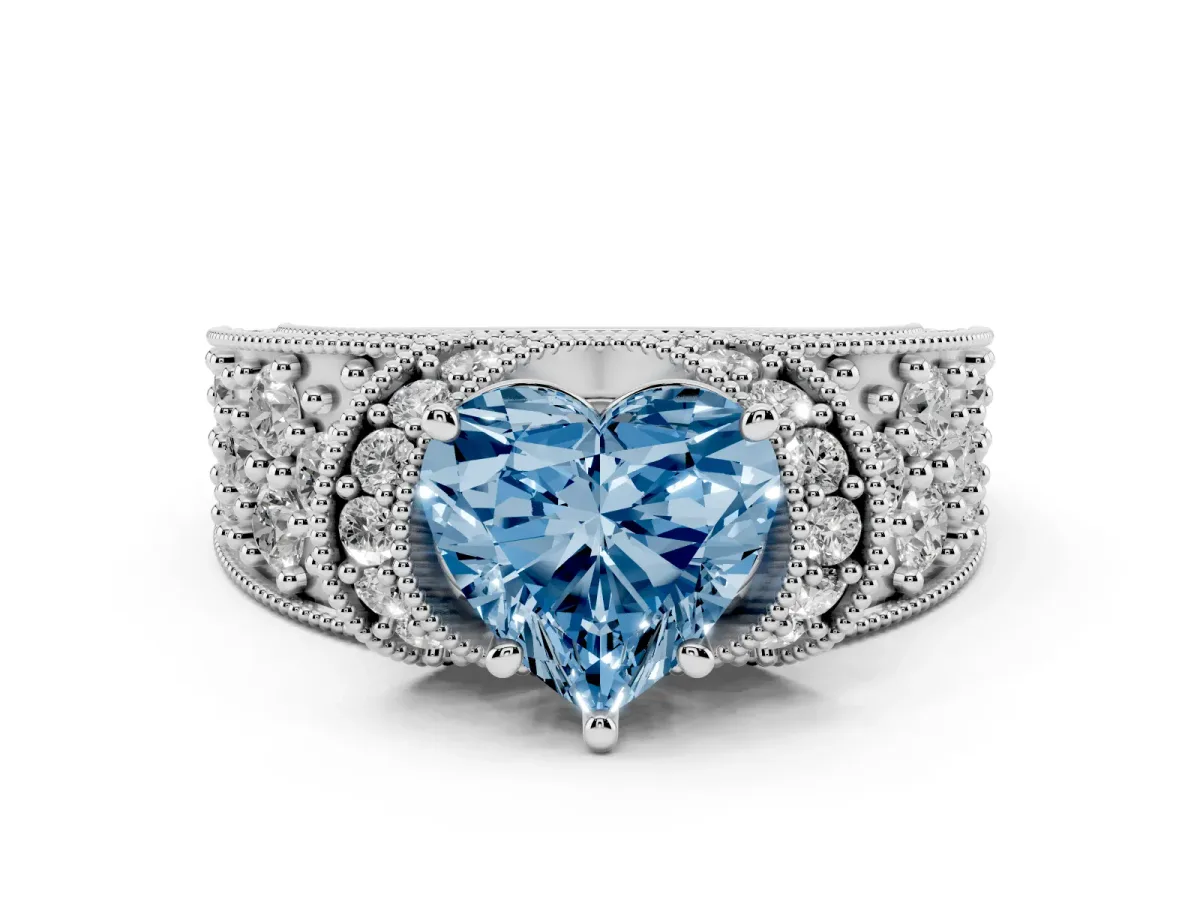 Fancy Blue Heart Cut Halo Pave Diamond Engagement Ring with Milgrain Detailing Silver