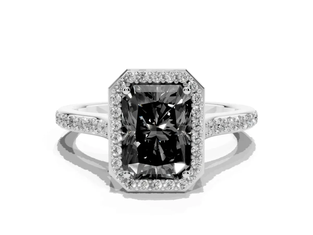 Fancy Black Radiant Cut Diamond Halo Engagement Ring with Round Pavé Shoulders and Prong Setting Platinum