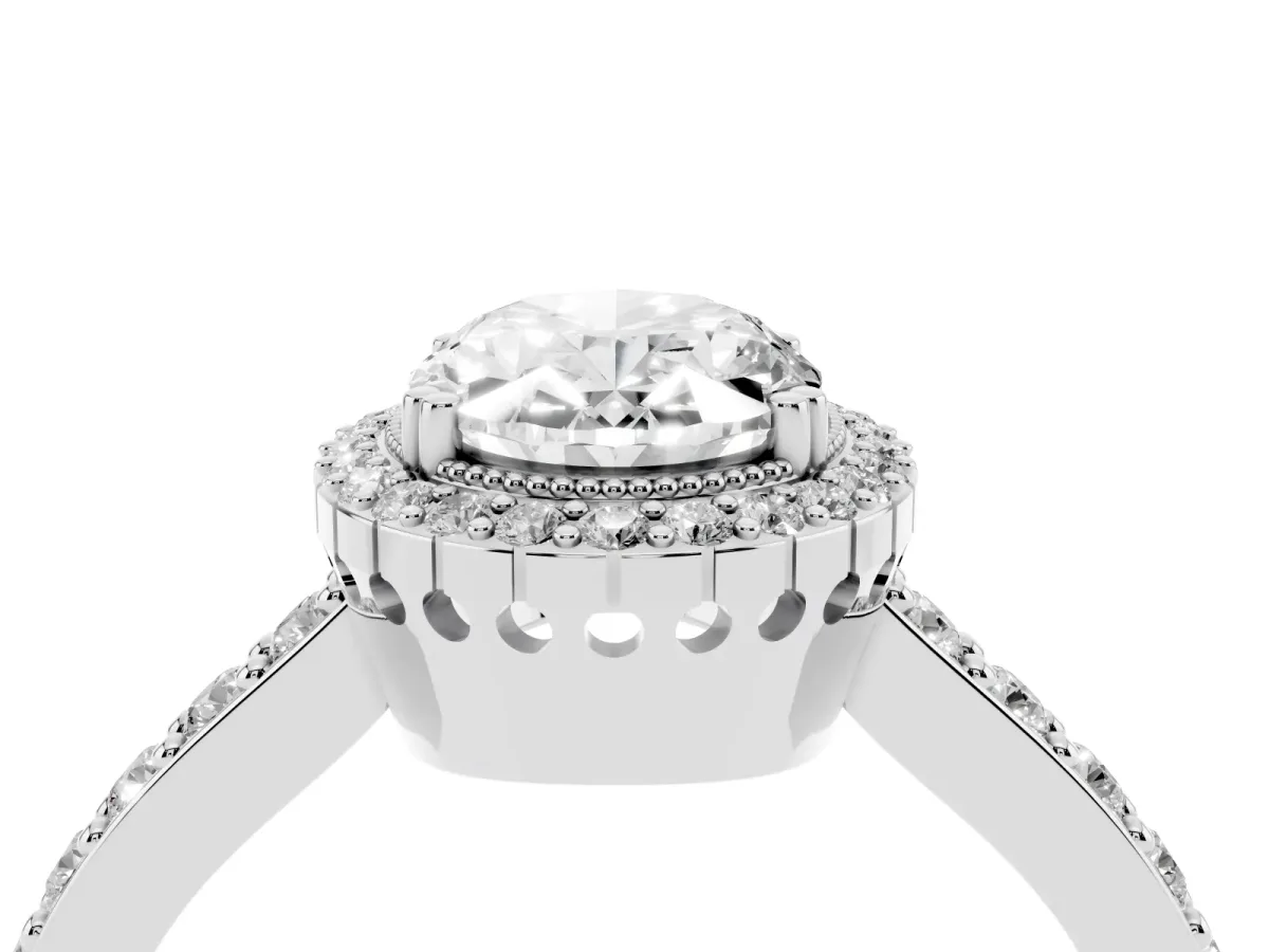Oval Cut Cut Diamond Halo Engagement Ring with Milgrain Detail and Pavé Band White gold