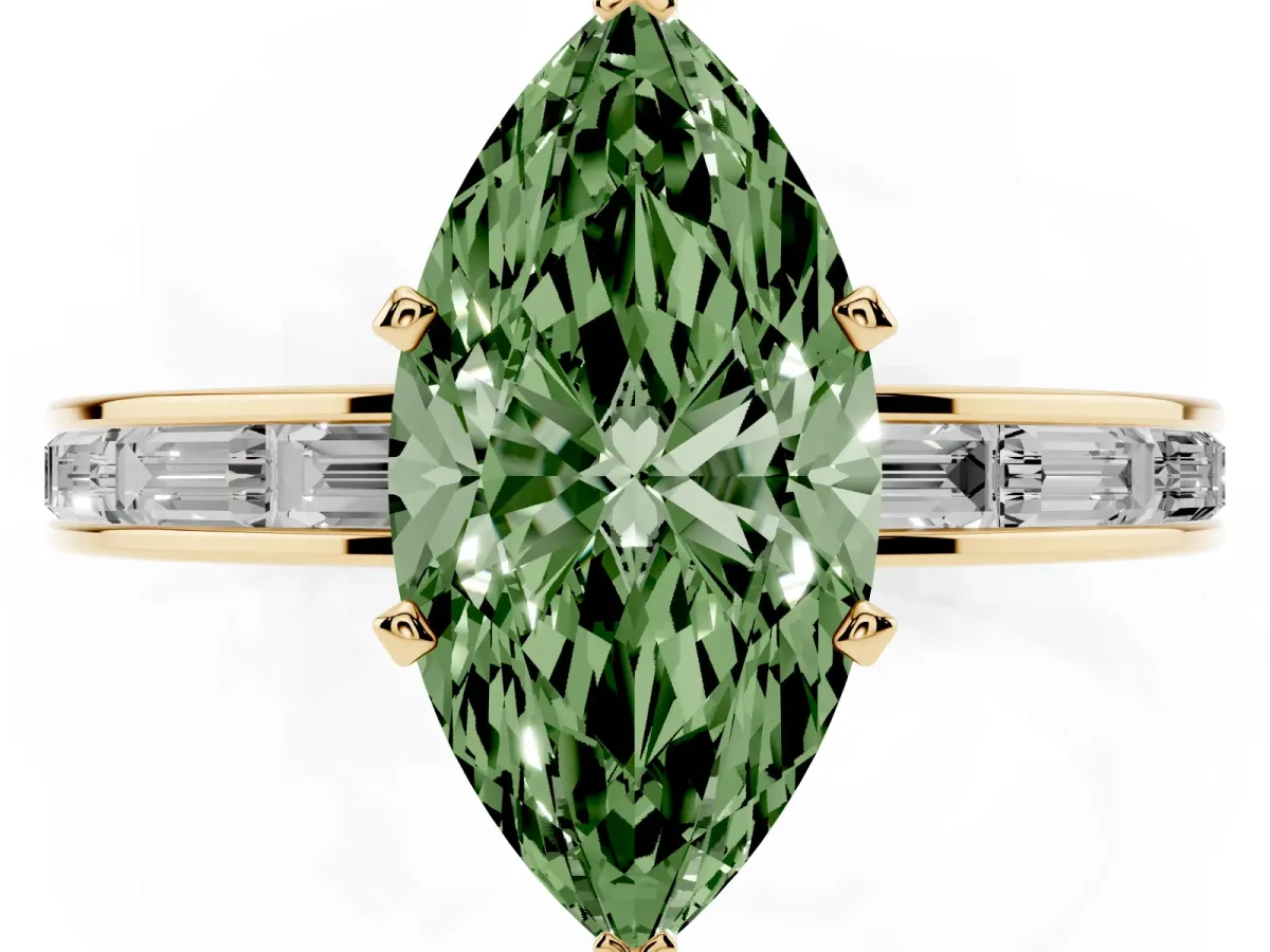Fancy Green Marquise Cut Solitaire Diamond Ring with Channel-Set Baguette Band and Four-Prong Setting Yellow gold