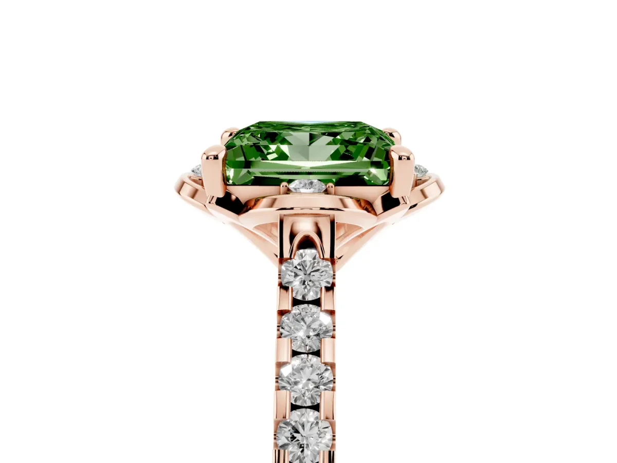 Fancy Green Princess Cut Diamond Ring with Pavé Band and Floral Prong Setting Rose gold