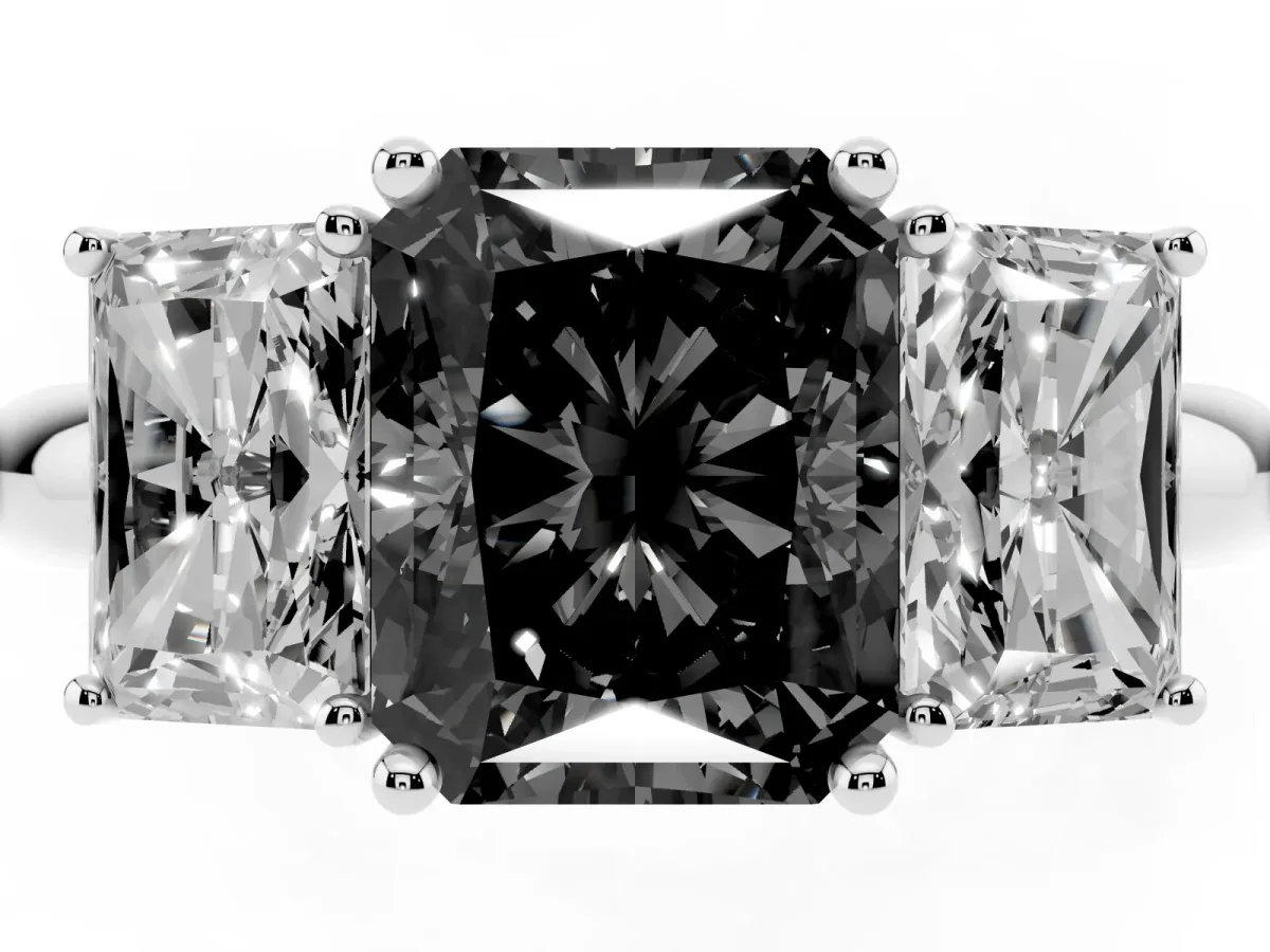 Fancy Black Three-Stone Radiant Cut Cut Diamond Engagement Ring with Prong Setting on a White Gold Band Silver